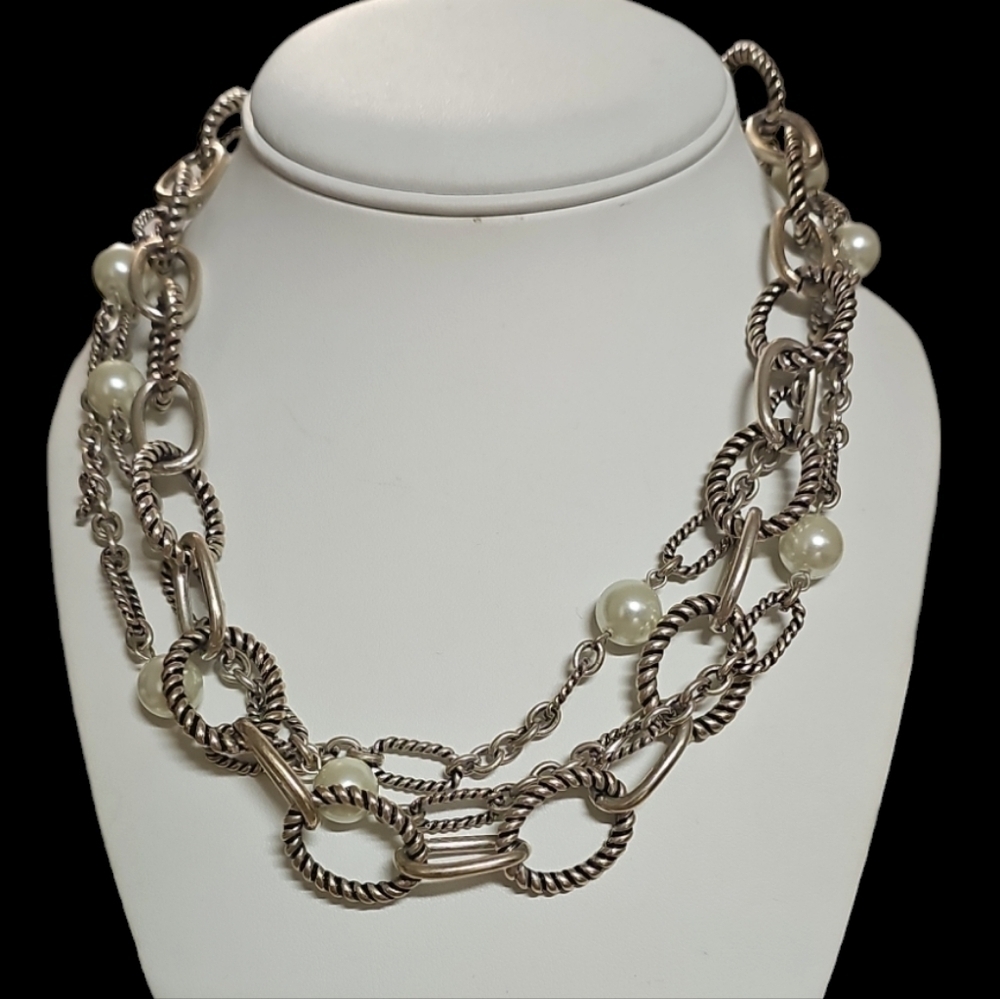 Premier Designs Faux Pearl Chain Necklace Antiqued Silver Plated Retired - Picture 4 of 4